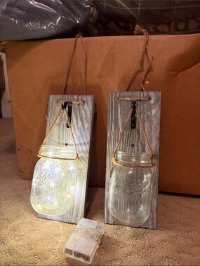 Rustic Gray Mason Jar Wall Sconce Pair with Rope Hangers